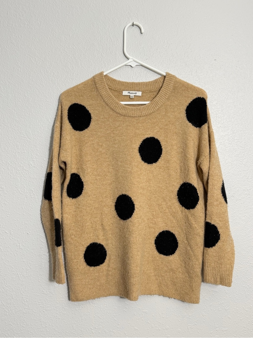 Madewell Tan Crewneck Sweater with Black Polka Dots